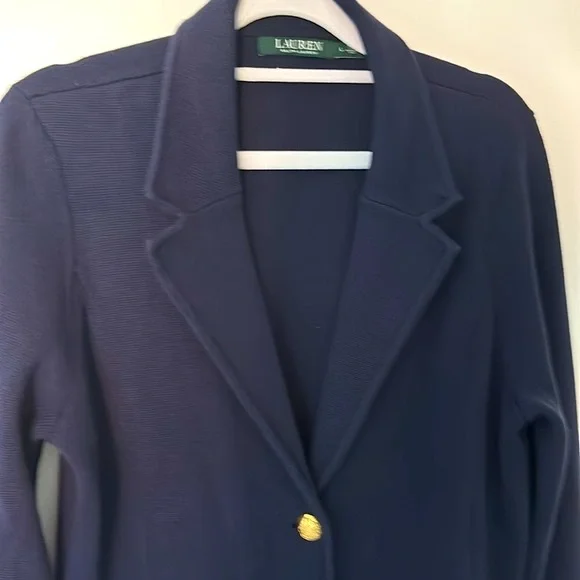 Lauren Ralph Lauren EUC 100% Cotton Navy Blazer Cardigan L. Classic Comfort Knit - Picture 2 of 6